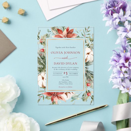 モダンクリスマス冬の赤金ゴールドの緑結婚色 アクリル招待状 (インサイチュ (ウェディング))