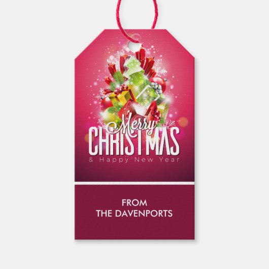 モダンクリスマス包まれたプレゼント&ツリー – フェスティバル ギフトタグ (正面)