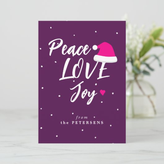 モダンクリスマス平和の愛の喜びスクリプト紫 シーズンカード (スタンド正面)