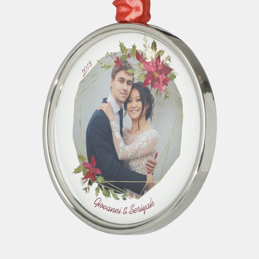 モダンクリスマス幾何学的フローラホリデーフォト メタルオーナメント (左)