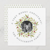 モダンクリスマス緑のリースの果実の写真 シーズンカード (正面/裏面)