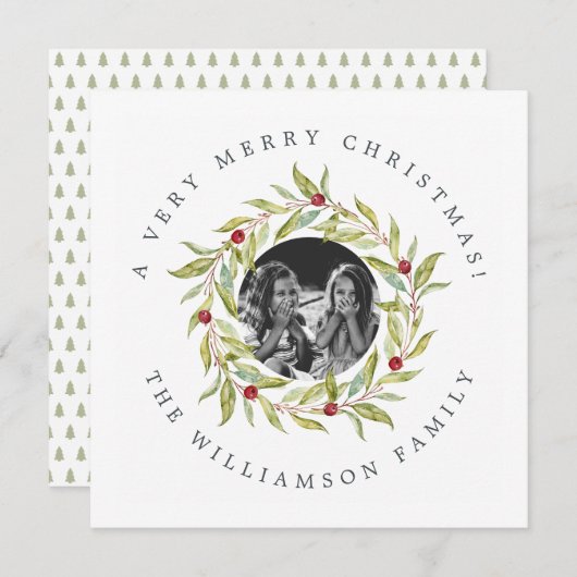 モダンクリスマス緑のリースの果実の写真 シーズンカード (正面/裏面)