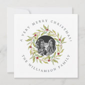 モダンクリスマス緑のリースの果実の写真 シーズンカード (正面)
