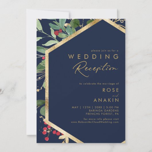 モダンクリスマス緑の海軍のウェディングレセプション 招待状 (正面)