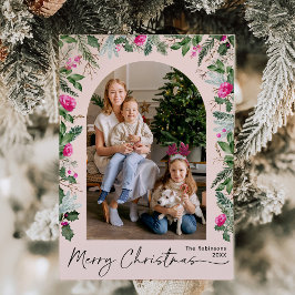 モダンクリスマス赤面ピンク緑アーチ1写真 シーズンカード