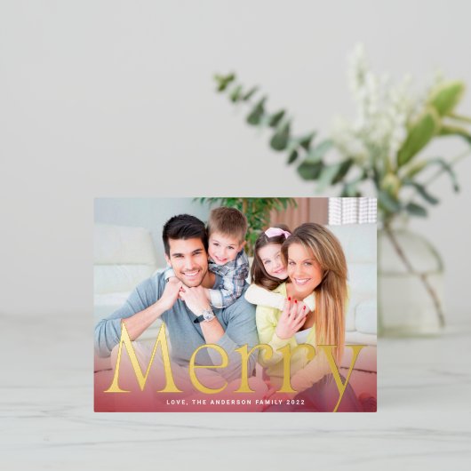 モダンクリスマス金ゴールドメリー写真 箔シーズンポストカード (立ち正面)