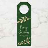 モダンクリスマス金ゴールド葉オンフォレストグリーン ボトルネックタグ (正面)