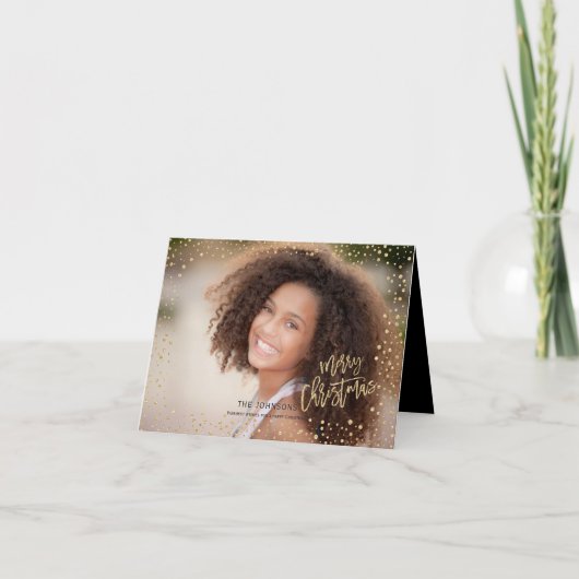 モダンクリスマス金ゴールド&ブラックドットレタリング写真 シーズンカード (正面)