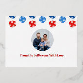 モダンクリスマス青と赤のオーナメント 箔シーズンカード (裏面)