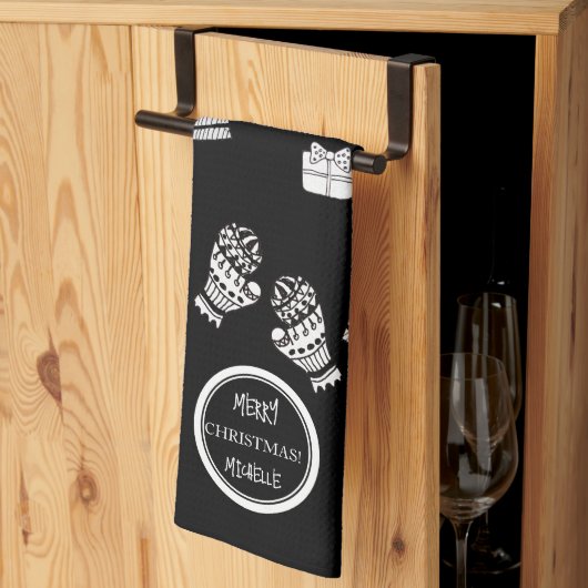 モダンクリスマス黒白パーソナライズされた キッチンタオル (三つ折り)