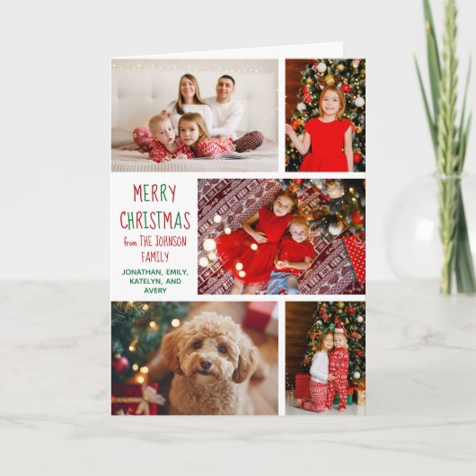 モダンクリスマス5フォトコラージュ赤い緑の折り畳み シーズンカード (正面)