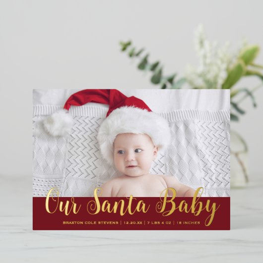 モダンクリスマス・サンタベビー誕生発表 箔招待状 (立ち正面)