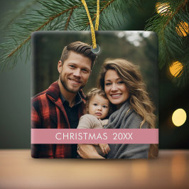 モダンクリスマス – 写真年とピンクストライプ色 セラミックオーナメント