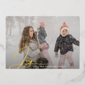 モダンクリスマスJOYハンドレタリング家族の写真 箔シーズンカード (正面)