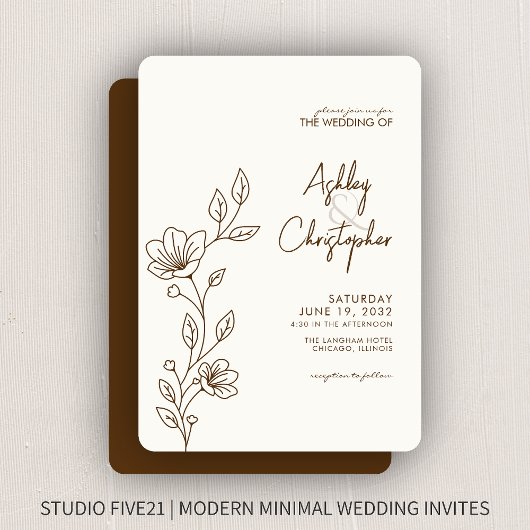 モダンクルミの茶色い葉の結婚輪郭 招待状