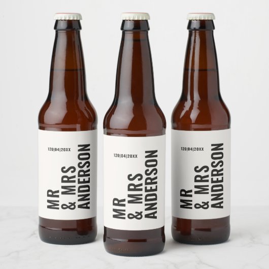モダンクロミニマルはっきりしたシンプル結婚ク ビールラベル (ボトル)
