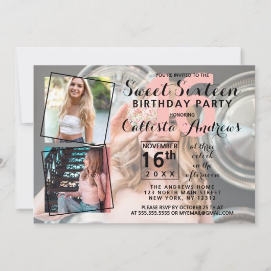 モダンクールPhoto Collage Sweet 16誕生日 招待状 (正面)