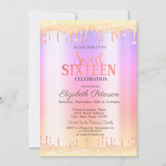 モダングラデーショングリッタードリップススイーツ16招待状 招待状 (正面)