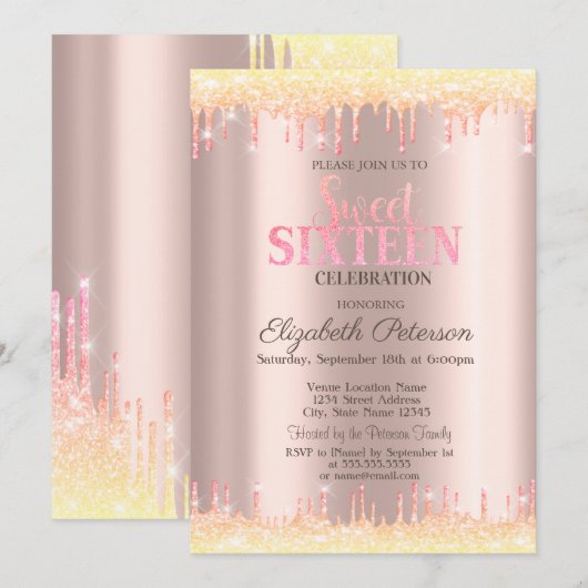 モダングラデーショングリッタードリップバラ金ゴールドスウィート16 招待状 (正面/裏面)