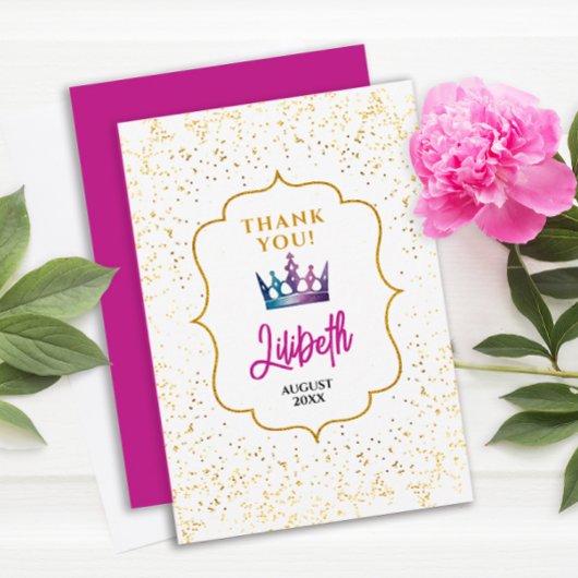モダングラムプリンセス王冠コンフェッティ・ウォーターカラー サンキューカード