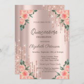 モダングリッターが流れるフラワーローズゴールドのキンセアニエラ 招待状 (正面/裏面)