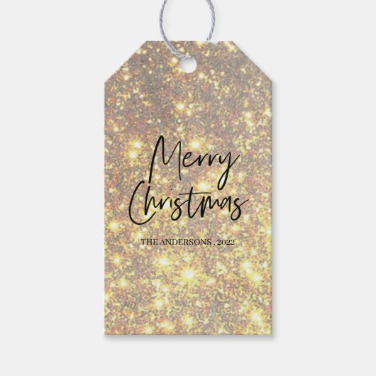 モダングリッタースパークルズ金ゴールドメリークリスマス ギフトタグ (正面)