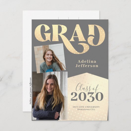 モダングリッタータイポグラフィフォトコラージュ卒業 案内ポストカード (正面/裏面)