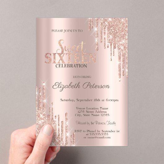 モダングリッタードリップバラ金ゴールドスウィート16 アクリル招待状 (インサイチュ (ポータブル))