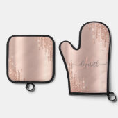 モダングリッタードリップバラ金ゴールドモノグラム 鍋つかみ&鍋敷きセット (正面)