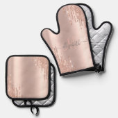 モダングリッタードリップバラ金ゴールドモノグラム 鍋つかみ&鍋敷きセット (正面/裏面)