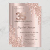 モダングリッタードリップバラ金ゴールド35誕生日 招待状 (正面/裏面)
