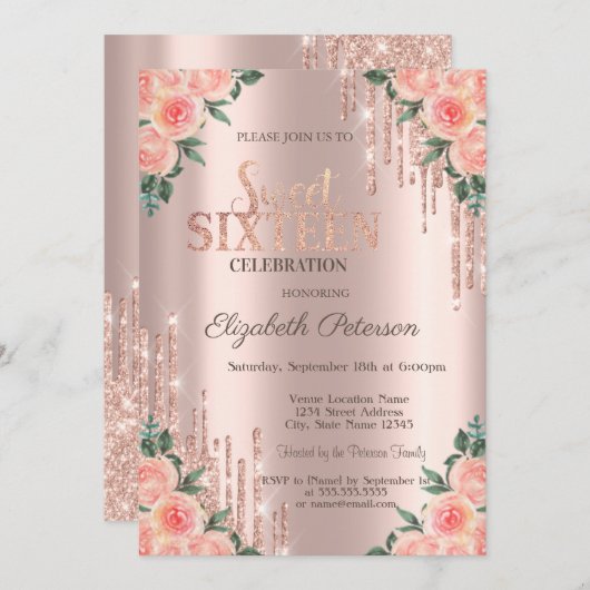 モダングリッタードリップフローラバラ金ゴールドスウィート16 招待状 (正面/裏面)