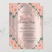 モダングリッタードリップフローラバラ金ゴールド100日 招待状 (正面/裏面)