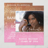 モダングリッター輝き写真卒業式ピンク 招待状 (正面/裏面)