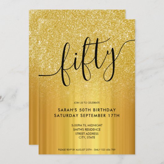 モダングリッター金ゴールド50番目の誕生日招待状 招待状 (正面/裏面)