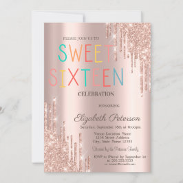 モダングリッター ドリップス ローズゴールド カラフル スイート16 招待状