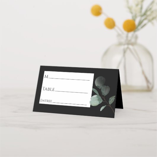 モダングリネリー結婚ブラック座席表 プレイスカード (正面)