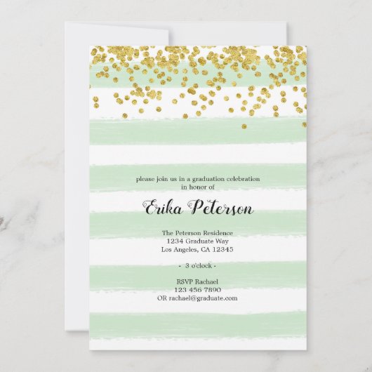 モダングリーンと金ゴールドストライプの大学院パーティーカード 招待状 (裏面)