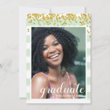 モダングリーンと金ゴールドストライプの大学院パーティーカード