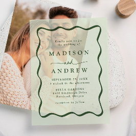 モダングリーンウェーブフレーム結婚式 ベラム紙招待状