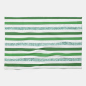 モダングリーン&シルバーのグリッター ストライプ キッチンタオル (横)