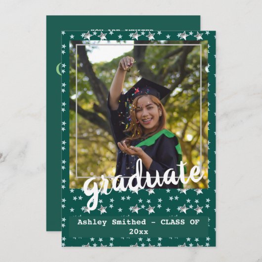 モダングリーン スターズ フォト フレーム 卒業パーティー招待状 招待状 (正面/裏面)
