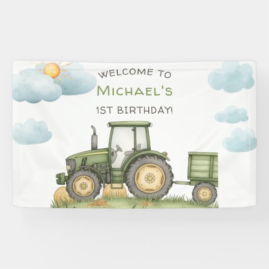モダングリーン・トラクター 1歳の誕生日パーティー 横断幕 (横)