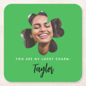 モダングリーン ラッキー・イン・ラブ シャムロック クローバー フォト スクエアペーパーコースター (正面)