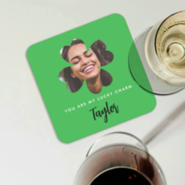 モダングリーン ラッキー・イン・ラブ シャムロック クローバー フォト スクエアペーパーコースター