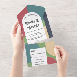 モダングルーヴカラフル抽象芸術シックレトロ結婚ズ オールインワン招待状