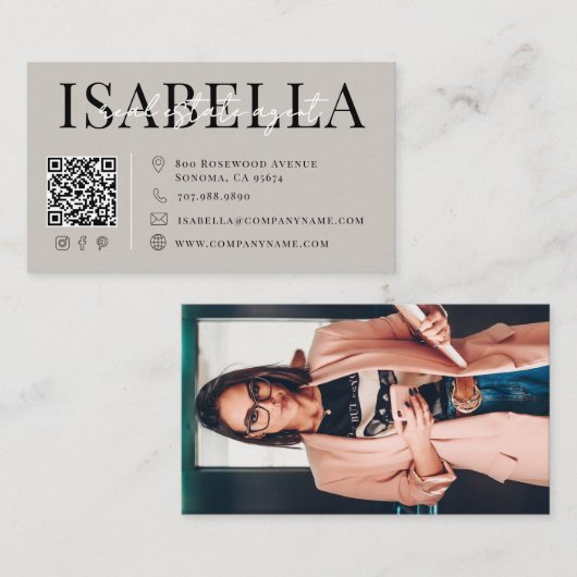 モダングレイスクリプト写真 不動産エージェント 名刺 (正面/裏面)