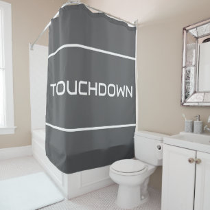 モダングレイ地にホワイトのTOUCHDOWN テキストストライプ シャワーカーテン