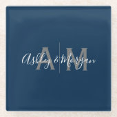 モダングレーとブルーのカップルモノグラム ガラスコースター (正面)