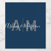 モダングレーとブルーのカップルモノグラム ワインラベル (シングルラベル)